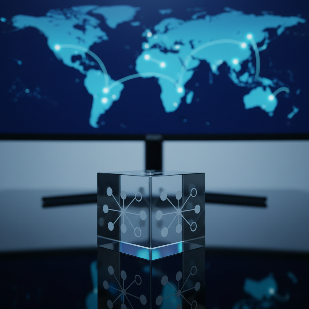 A minimalist, photographic composition of a transparent acrylic cube etched with interconnected blockchain nodes, sitting on a reflective black glass surface. Behind it, slightly out of focus, a large curved monitor displays a stylized world map with glowing points representing global crypto transactions. Cool, diffused blue lighting from the monitor creates soft reflections and subtle gradients on the acrylic edges. Shot at a gentle three-quarter angle with a shallow depth of field, the image feels conceptual yet precise, communicating the global, decentralized nature of blockchain technology in a clean, professional style fitting for in-depth explainer articles.