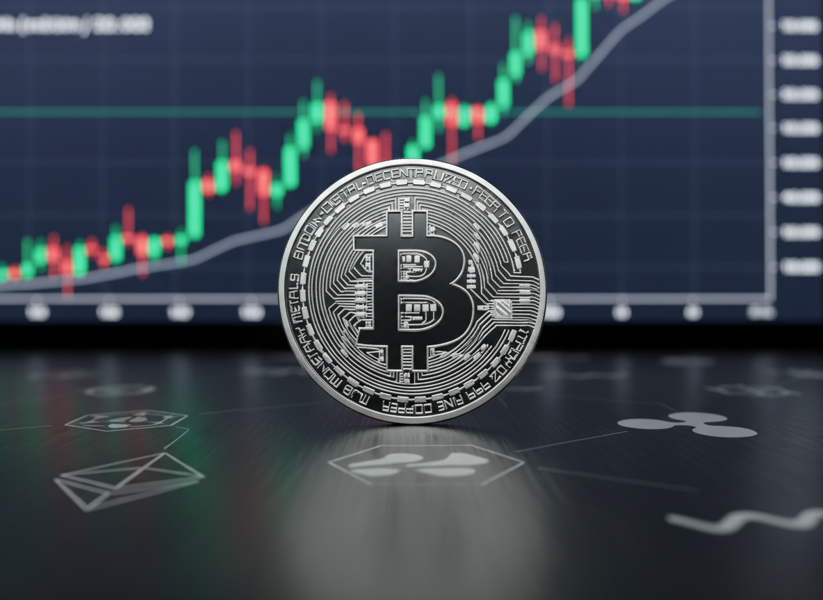 A sleek, high-resolution close-up of a polished silver Bitcoin coin resting on a dark, brushed metal surface, with faint reflections hinting at other digital currency icons etched into the background. Cool, diffused studio lighting from above creates crisp highlights along the coin’s engraved edges and subtle shadows around its base. In the softly blurred background, a large LED screen shows out-of-focus green and red candlestick charts. Photographic realism, shot at a slightly elevated angle with shallow depth of field, conveys a professional, analytical atmosphere suitable for a cryptocurrency news homepage, emphasizing clarity, reliability, and market insight.