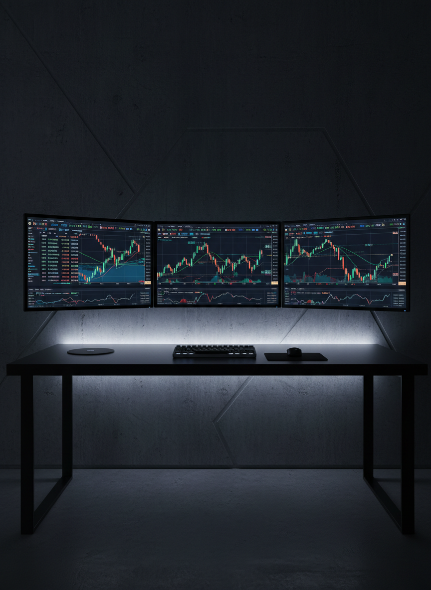 An ultra-modern trading desk setup featuring three large widescreen monitors displaying detailed cryptocurrency charts, order books, and live price tickers in vibrant blues and greens. The monitors sit on a minimalistic matte-black desk with a slim mechanical keyboard and a clean, cable-free layout. Cool white LED strip lighting outlines the edge of the desk and gently illuminates a dark, textured wall behind it. Shot straight-on at eye level in photographic realism, with sharp focus throughout, the scene feels focused and professional, evoking a high-tech newsroom dedicated to crypto market analysis and real-time updates.