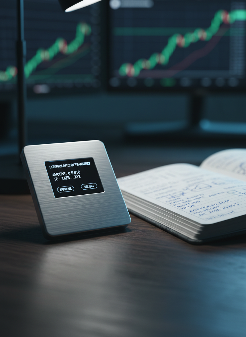 A close-up, photographic shot of a secure hardware crypto wallet with a brushed aluminum finish and a small, sharp OLED display showing a confirmation screen for a Bitcoin transfer. The device rests on a dark wooden surface beside a printed notebook filled with neat, blurred handwritten notes on trading strategies. Focused, cool-toned desk lamp lighting from the side casts defined shadows and highlights the metal texture. The background fades into a soft bokeh of indistinct monitors and charts. Composed at a low angle with shallow depth of field, the mood is serious and professional, emphasizing security and strategic planning in cryptocurrency investing.