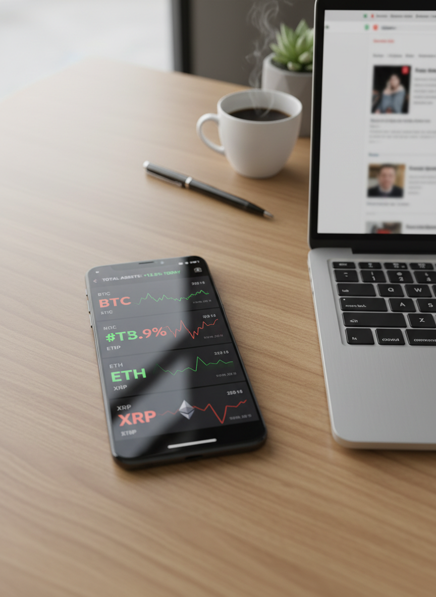 A dynamic overhead view of a glossy black smartphone lying on a smooth wooden desk, its bright OLED screen showing a crypto portfolio app with real-time price movements of major coins like Bitcoin, Ethereum, and Ripple. Next to the phone, a slim silver laptop is partially open, displaying a blurred crypto news website interface. Soft, natural daylight from a nearby window washes across the scene, creating gentle reflections on the phone screen and subtle shadows from the devices. Photographic realism with a clean, modern aesthetic, evoking accessibility, constant updates, and informed decision-making in the crypto world.