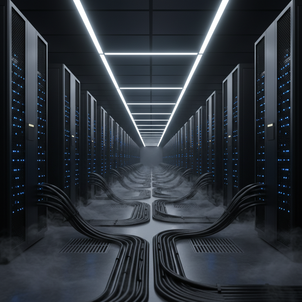 A futuristic server room corridor with rows of dark, matte-black crypto mining rigs and blinking blue status LEDs stretching into the distance. Thick black cables run neatly along the sides, and subtle vapor rises from the floor-level cooling vents. Overhead, cool white industrial lighting casts clean, linear highlights on the metal casings and creates a sense of depth and order. Photographic realism with a slightly wide-angle, centered composition, sharp focus from foreground to background. The atmosphere is high-tech and disciplined, reinforcing the underlying infrastructure and computational power behind blockchain networks and digital currencies.